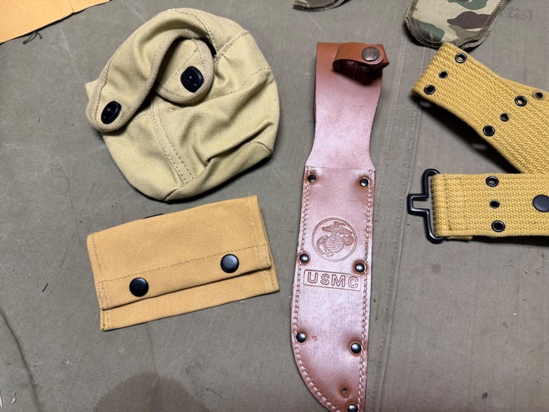WWII US USMC MARINE P1941 HELMET CAMO COVER, SHEATH AMMO CANTEEN COVER POUCH LOT gallery