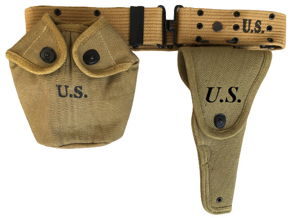 WWII M1936 Canvas Pistol Belt with Colt canvas Holster and Canteen Bottle Set
