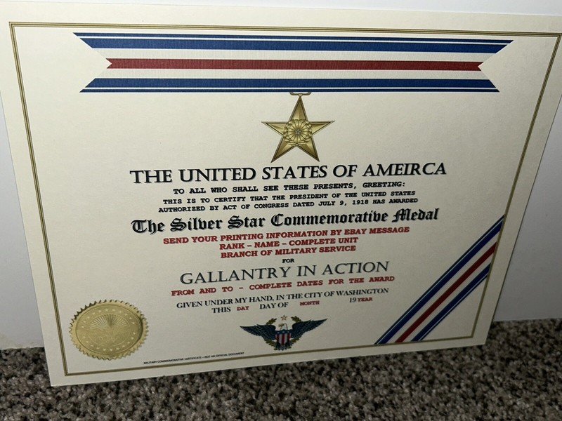 SILVER AWARD COMMEMORATIVE STAR MEDAL CERTIFICATE ~ CUSTOM PRINTING T-1 gallery
