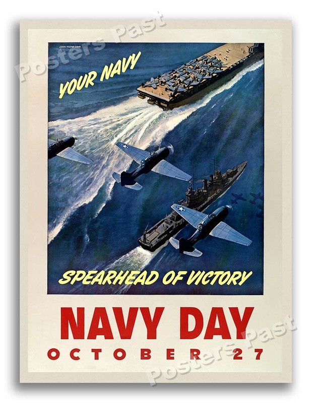 1943 “Your Navy - Spearhead of Victory” Vintage Style WW2 Poster - 24x32
