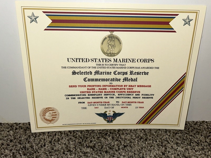 SELECTED MARINE CORPS RESERVE COMMEMORATIVE MEDAL CERTIFICATE~W/PRINTING T-1
