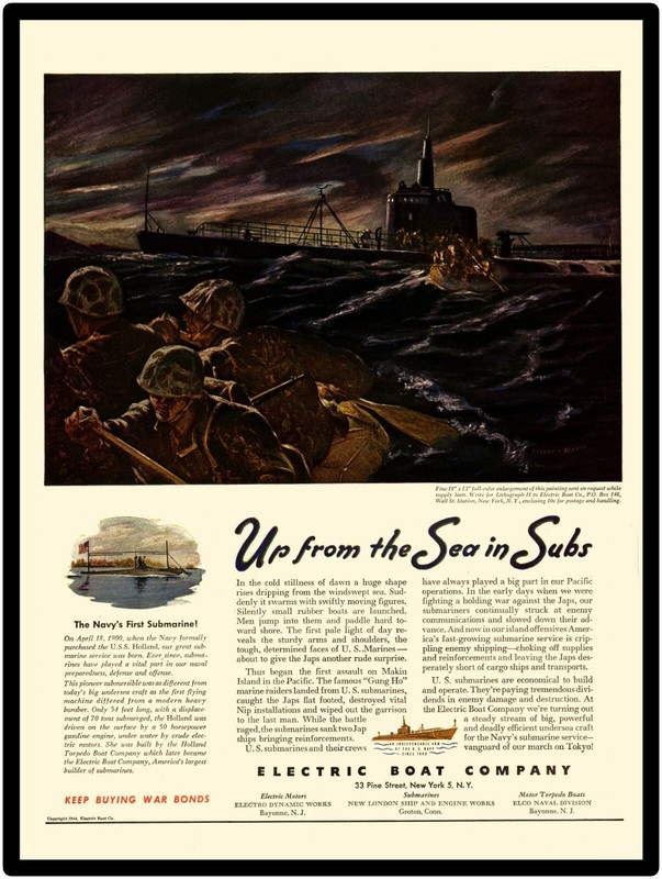1944 Electric Boat Co. New Metal Sign: EBCO Submarine Lithograph Print on Sign