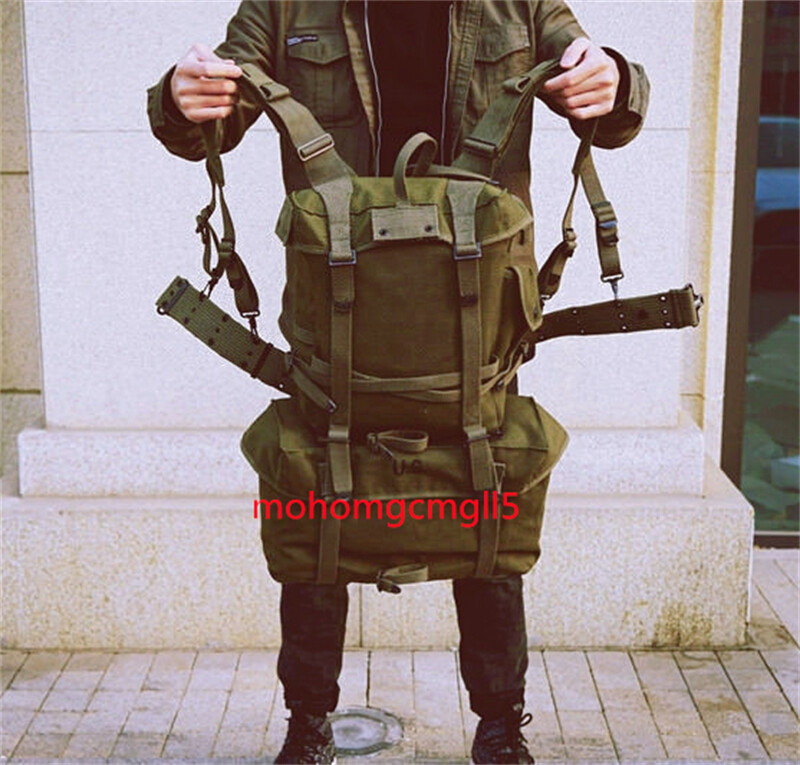 WW2 US M1945 Haversack Military X Straps Backpack Set Green Canvas Racksack+Belt gallery