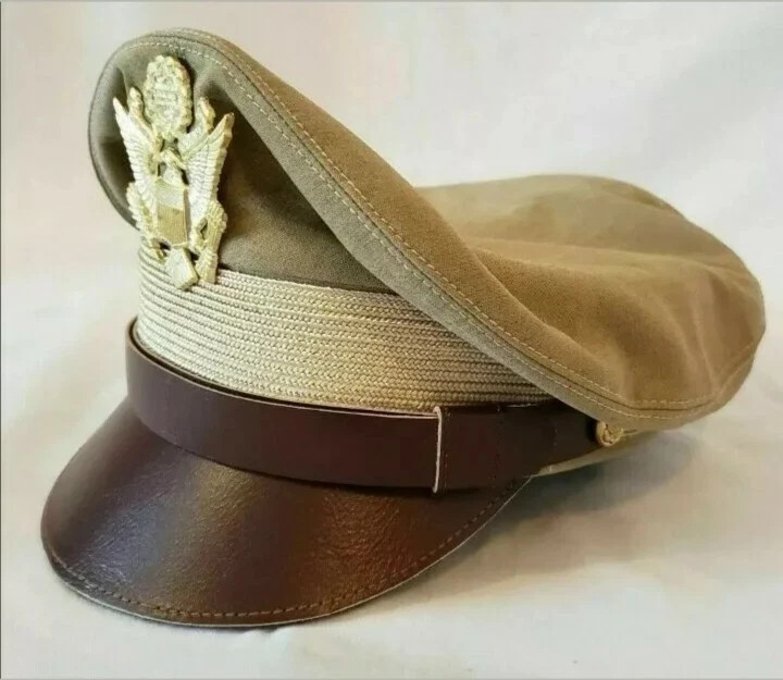 WW2 US Army Aircorps Military Airforce Officers Khaki Crusher Visor Hat Cap gallery