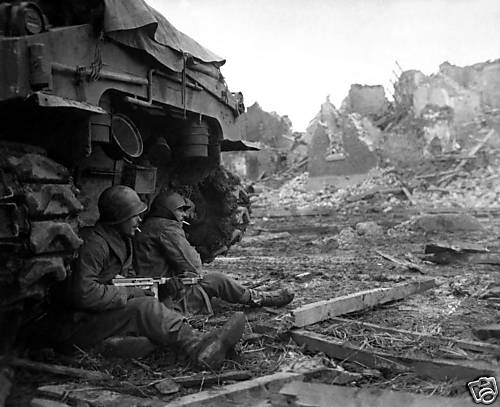 B&W WWII Photo Street Fighting M1A1 Thompson WW2 Aachen Germany World War Two