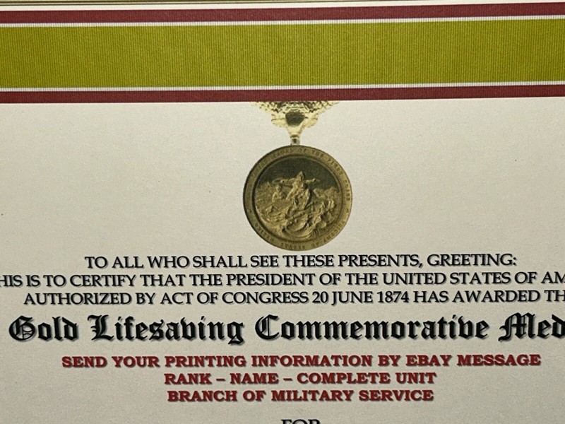 GOLD LIFESAVING MEDAL COMMEMORATIVE MEDAL CERTIFICATE ~ W/PRINTING T-1 gallery