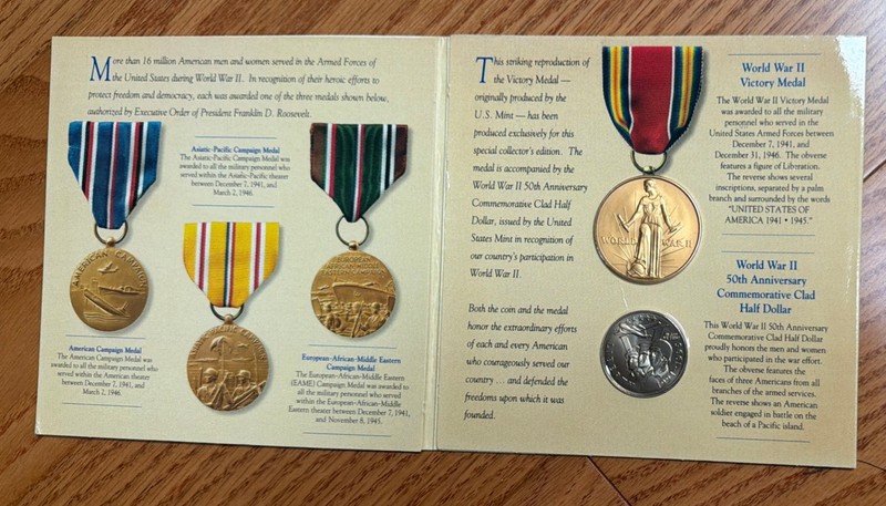 1991-95 WWII 50TH ANNIVERSARY COMMEMORATIVE COIN AND VICTORY MEDAL SET OGP CLAD