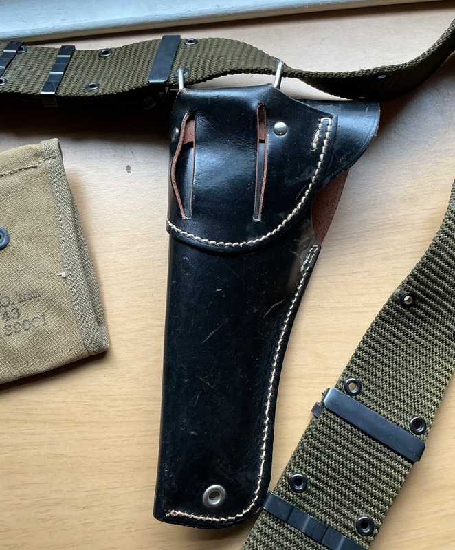 WWII US Army belt with 1911 45ACP holster and a mag pouch (reproductions - used) gallery