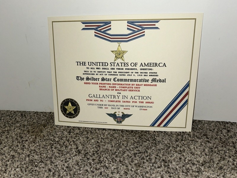 SILVER COMMEMORATIVE STAR MEDAL CERTIFICATE ~ TYPE-2 w/PRINTING gallery