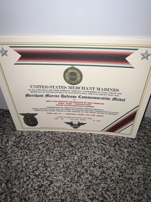 MERCHANT MARINE DEFENSE MEDAL COMMEMORATIVE CERTIFICATE ~ W/PRINTING TYPE-1 gallery
