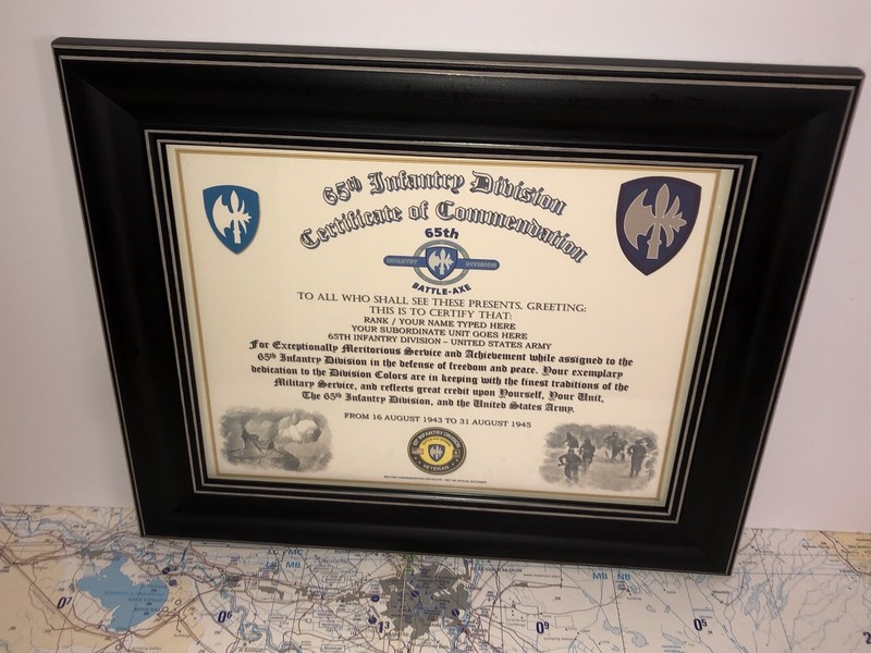 65TH INFANTRY DIVISION / COMMEMORATIVE - CERTIFICATE OF COMMENDATION gallery