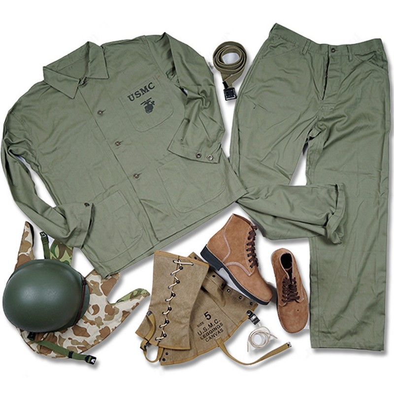 WW2 US ARMY USMC HBT UNIFORM AND M1 HELMET WITH COVER USMC LEGGINGS AND BOOTBELT