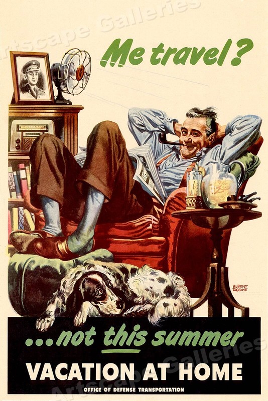 Don't Travel - "Vacation at Home" 1945 World War 2 US Rationing Poster - 16x24