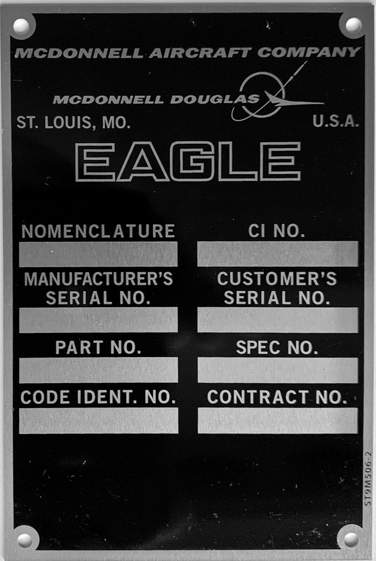 Reproduction McDonnell Douglas F-15 Eagle Data Plate, Vintage Aviation DPL-0125