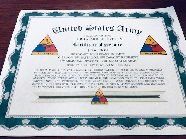 U.S. ARMY ~ ARMOR DIVISIONS CERTIFICATE OF SERVICE / With FREE PRINTING gallery