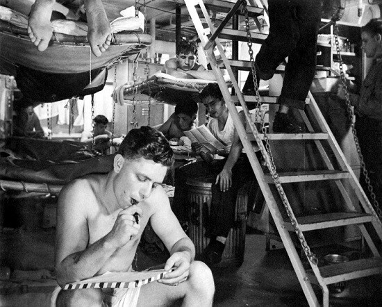 U.S. Sailors off duty aboard Aircraft Carrier USS Yorktown WWII 8x10 Photo 693a