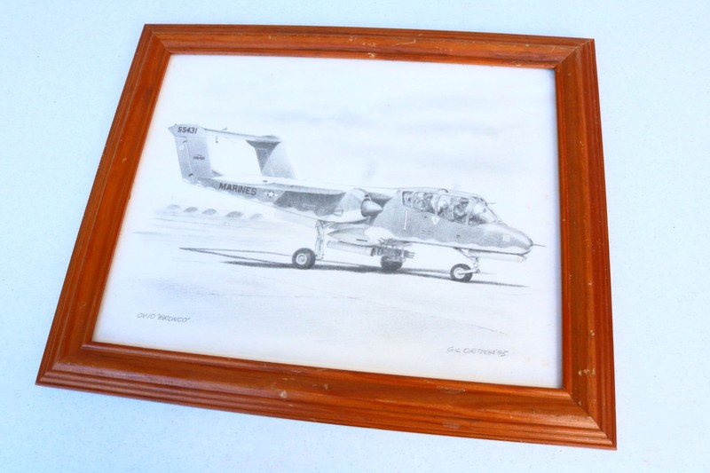 GIL ORTEGA PRINT SIGNED Ovio Bronco Military Aircraft Framed Matte Glass Nice HB