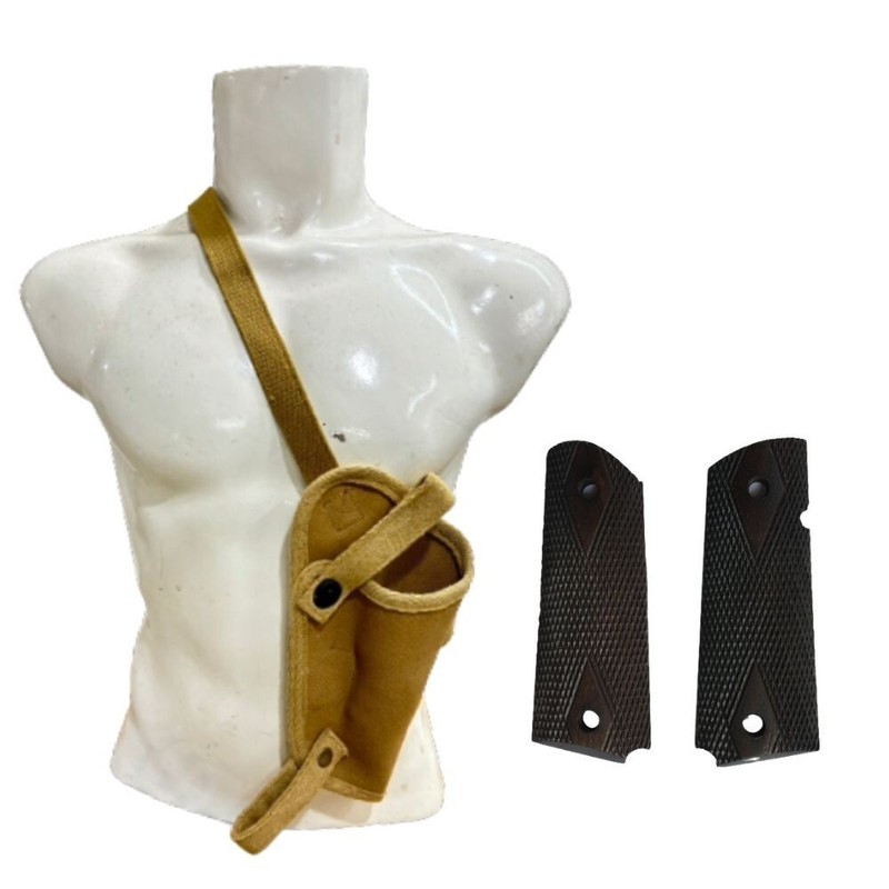 Colt Canvas Khaki Shoulder Holster with WWII US M1911 Ebony Wood Colt Grip