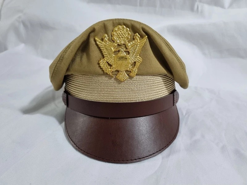 WW2 US Army Aircorps Military Airforce Officers Khaki Crusher Visor Hat Cap Repr