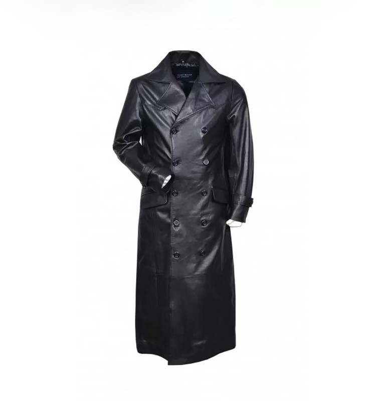 Men’s WW2 German Officer Black Sheepskin Leather Long Trench Coat