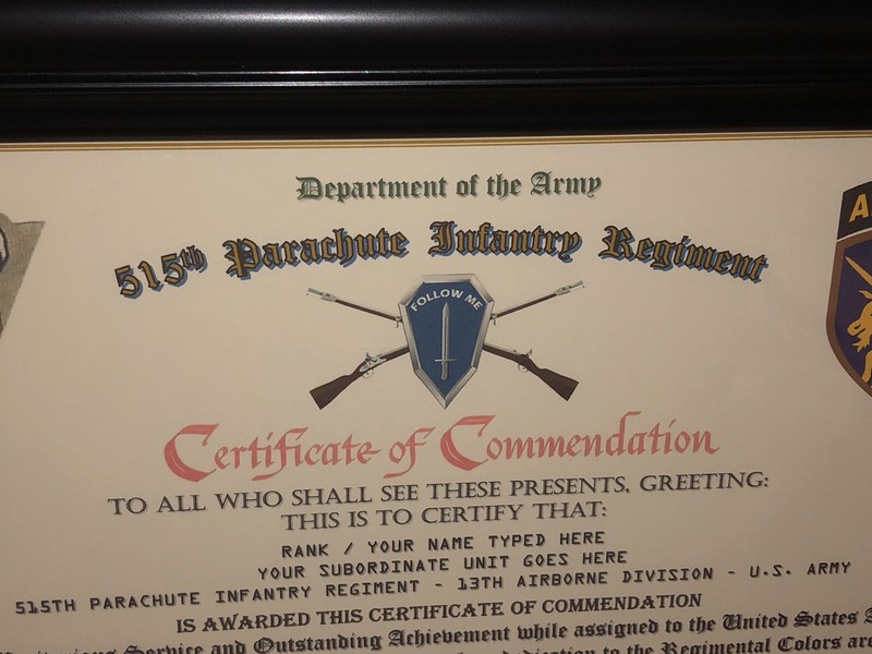 515TH PARACHUTE INFANTRY REGIMENT / COMMEMORATIVE - CERTIFICATE OF COMMENDATION gallery