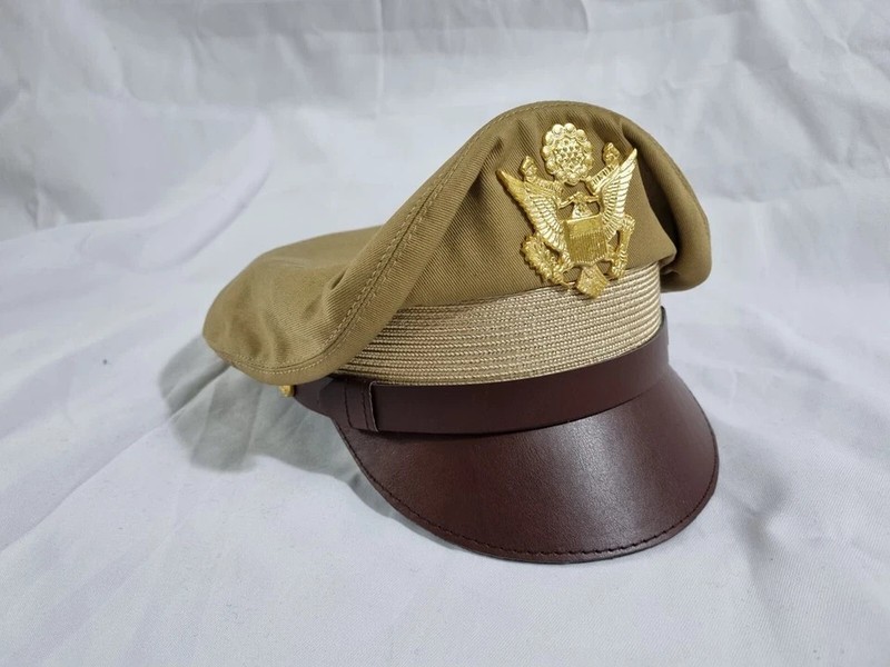 WW2 US Army Aircorps Military Airforce Officers Khaki Crusher Visor Hat Cap Repr gallery