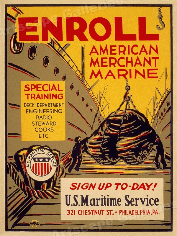 Sign Up for American Merchant Marine! 1942 Vintage WW2 Poster -18×24