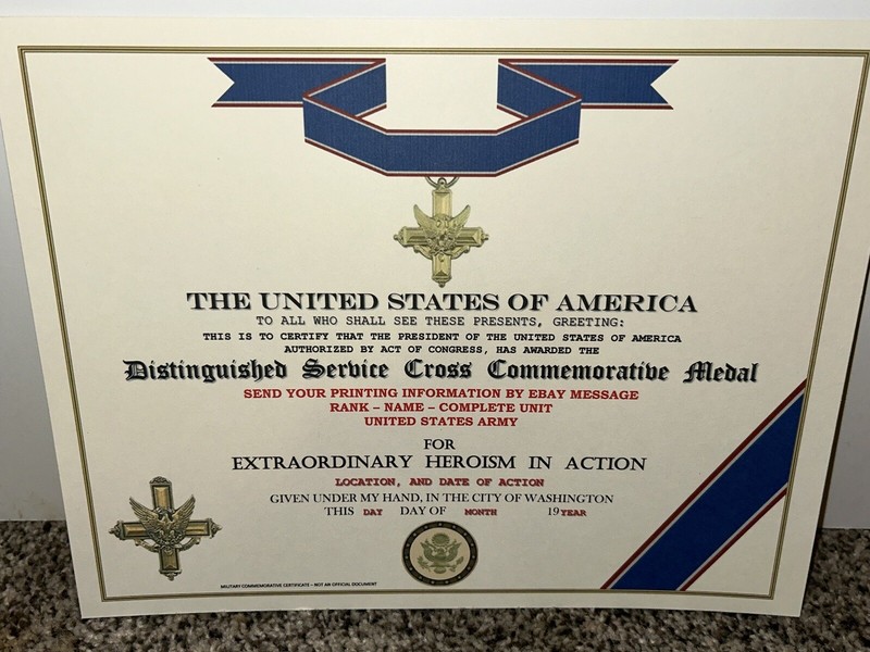 ARMY DISTINGUISHED SERVICE COMMEMORATIVE CROSS CERTIFICATE ~ TYPE-2 w/PRINTING