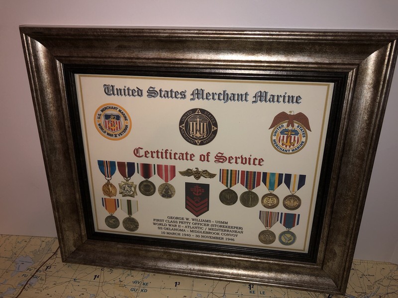 U.S. MERCHANT MARINE CERTIFICATE OF SERVICE / SHADOW BOX PRINT / W-MEDALS