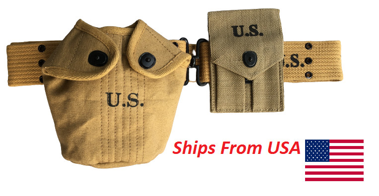 WWII M1936 Canvas Pistol Belt with Colt Pouch and Canteen Water Bottle Cover