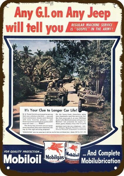 1945 WWII Jeeps & Tanks & MOBIL Oil Vintage-Look DECORATIVE REPLICA METAL SIGN
