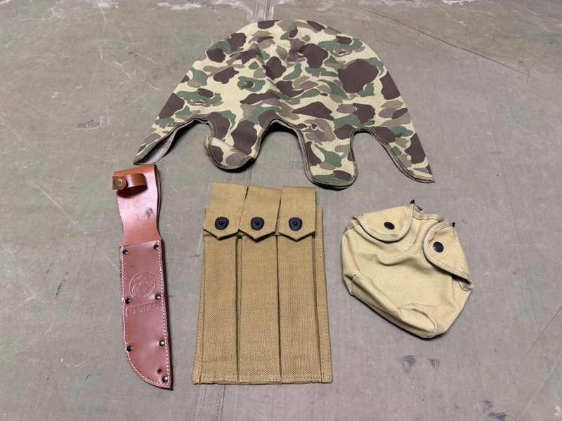 WWII US USMC MARINE P1941 HELMET CAMO COVER, SHEATH AMMO CANTEEN COVER POUCH LOT