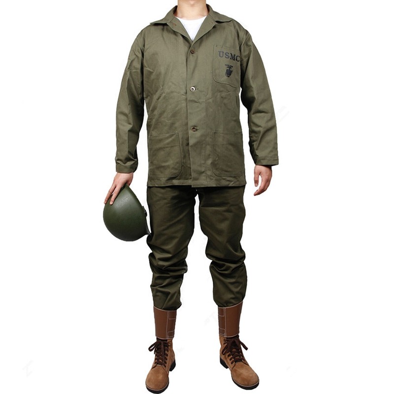 WWII US USMC HBT ARMY GREEN UNIFORME COAT AND PANTS TAILORED COLLAR HIGH QUALITY
