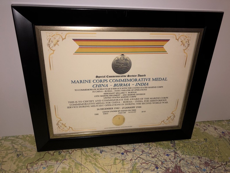 SCSA – MARINE CORPS COMMEMORATIVE MEDAL [CHINA-BURMA-INDIA] CERTIFICATE ~ Type 1