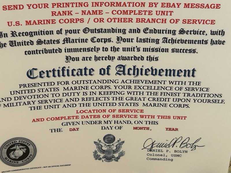 U.S. MARINE CORPS / 4TH MARINE DIVISION - CERTIFICATE OF ACHIEVEMENT gallery
