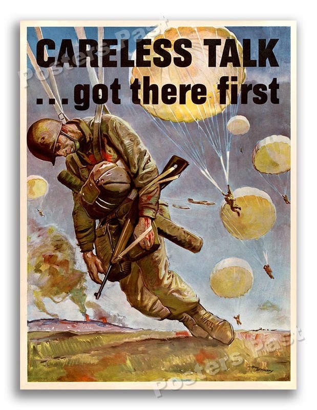 1944 Careless Talk – Paratrooper Vintage Style WW2 Poster – 24×32