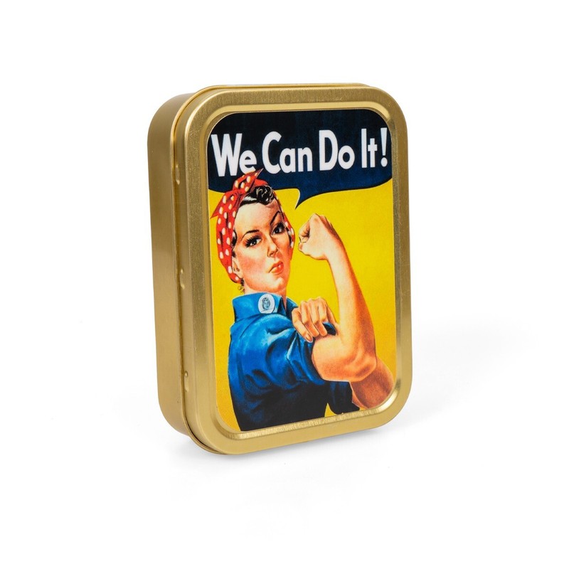 WW2 Themed Novelty Rosie Riveter Metal Tin- US Propaganda Design- Empty Tin Box gallery
