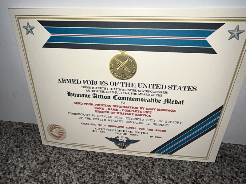 HUMANE ACTION MEDAL (1949) COMMEMORATIVE CERTIFICATE ~ W/PRINTING TYPE-1 gallery