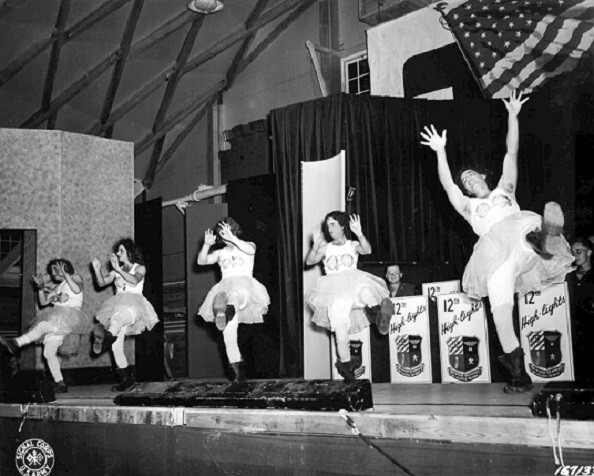 U.S. Soldiers dressing as women during funny play/dance 8x10 WWII Photo 672a