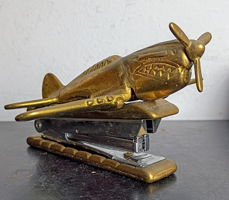 Vintage P-40 Flying Tigers Jet WW2 Fighter Airplane Desk Novelty Brass Stapler gallery