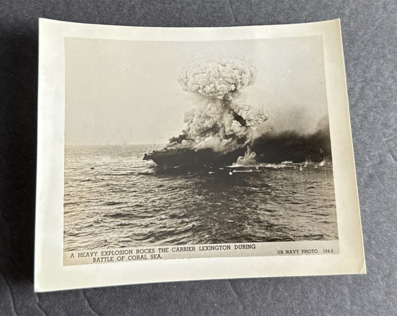 Photo: World War 11 U.S. NAVY 104-2 Explosion Carrier Lexington Battle Coral Sea
