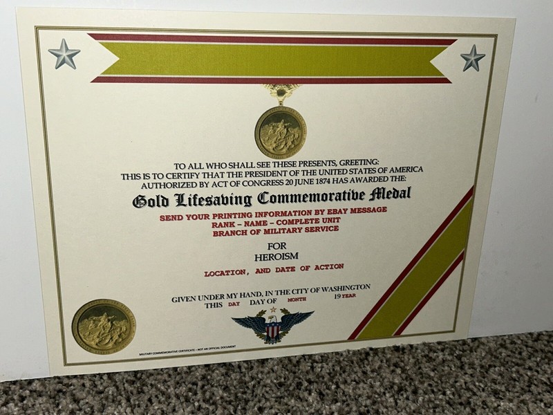 GOLD LIFESAVING MEDAL COMMEMORATIVE MEDAL CERTIFICATE ~ W/PRINTING T-1 gallery