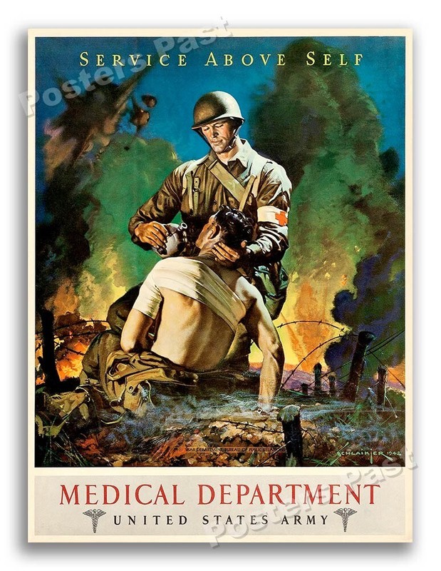 1942 US Army Medical Dept “Service Above Self” Vintage Army Medical Poster 18×24