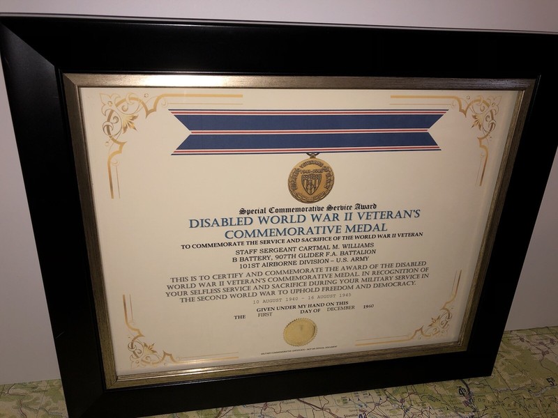 SCSA – DISABLED WORLD WAR II VETERANS COMMEMORATIVE MEDAL CERTIFICATE ~ Type 1