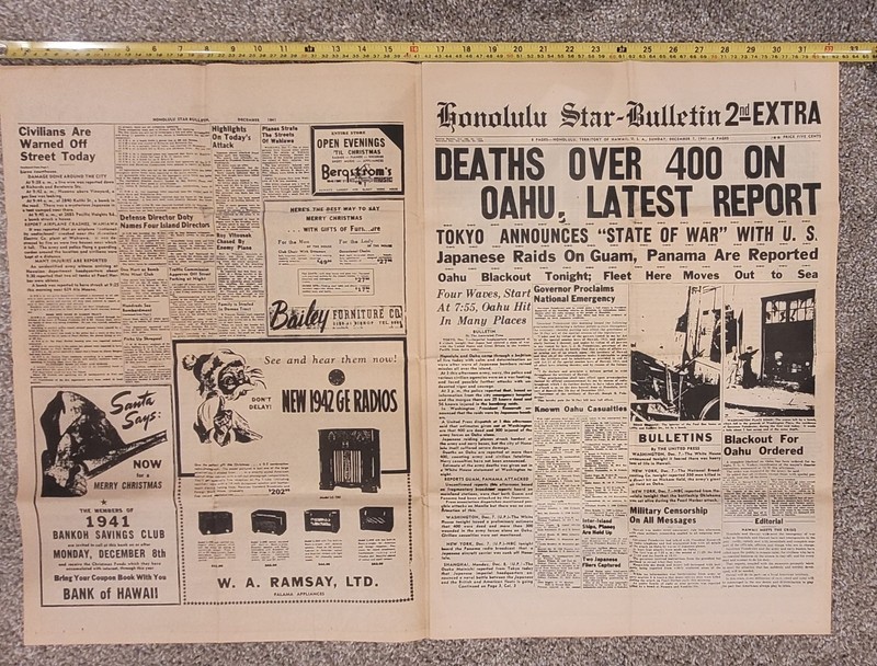 Circa 1981 Souvenir Repo Honolulu Star-Bulletin 1st Extra December 7th 1941 gallery