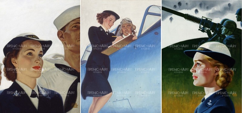 WWII Propaganda Poster print girl army uniform vintage machine gun sailor plane