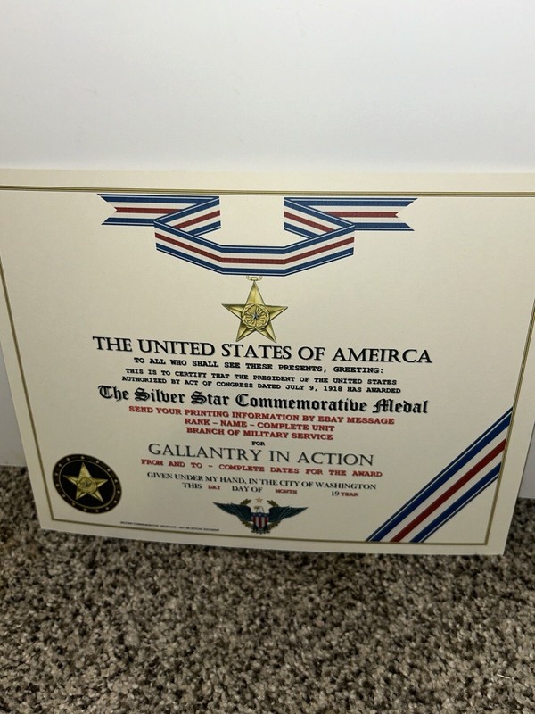 SILVER COMMEMORATIVE STAR MEDAL CERTIFICATE ~ TYPE-2 w/PRINTING gallery