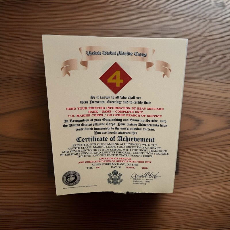 U.S. MARINE CORPS / 4TH MARINE DIVISION - CERTIFICATE OF ACHIEVEMENT