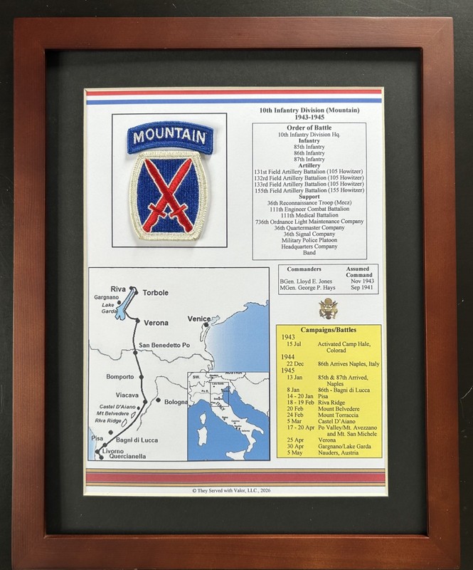 10th Mountain Division Insignia and History in World War II 11” x 14”