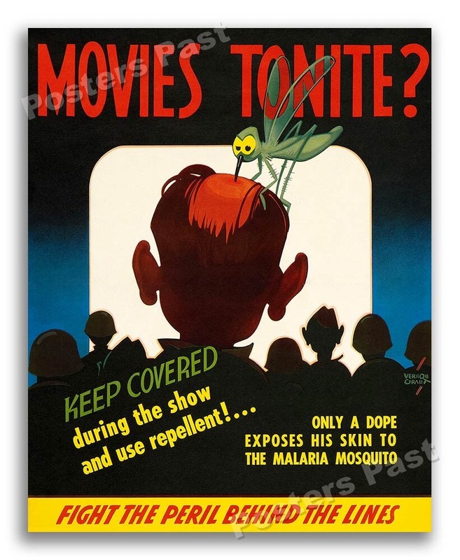 1943 “Movies Tonite?” Malaria Mosquito Vintage Style WW2 Poster - 24x30